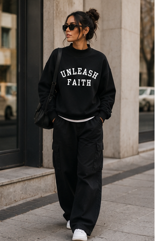 Woman wearing a black 'UNLEASH FAITH' sweatshirt against a concrete wall.