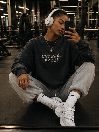 Collage of a woman wearing a black sweatshirt with text and graphics in various settings.