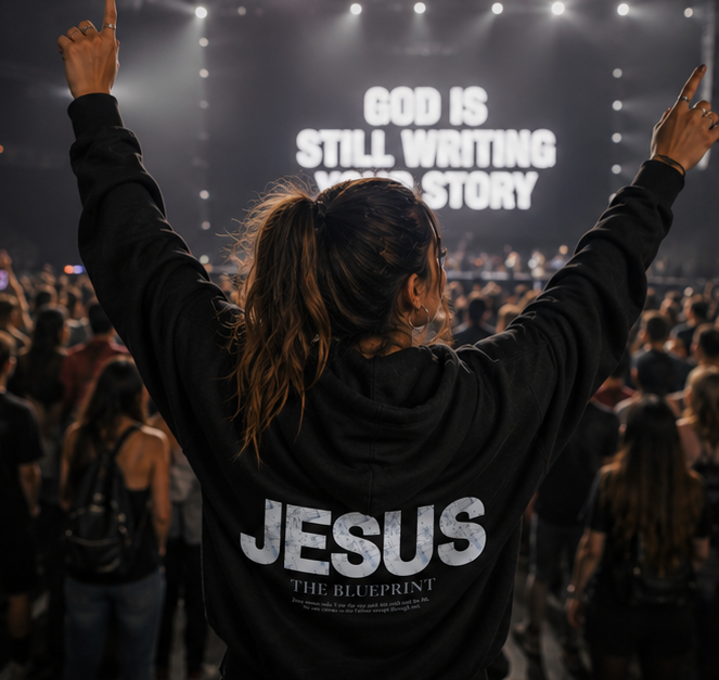 Collage of people wearing black hoodies with 'JESUS' text at a concert.