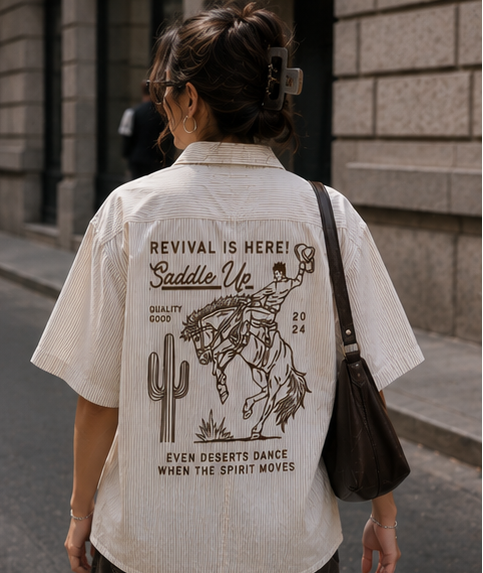 Woman wearing a white shirt with a graphic design and text, standing on a city street.